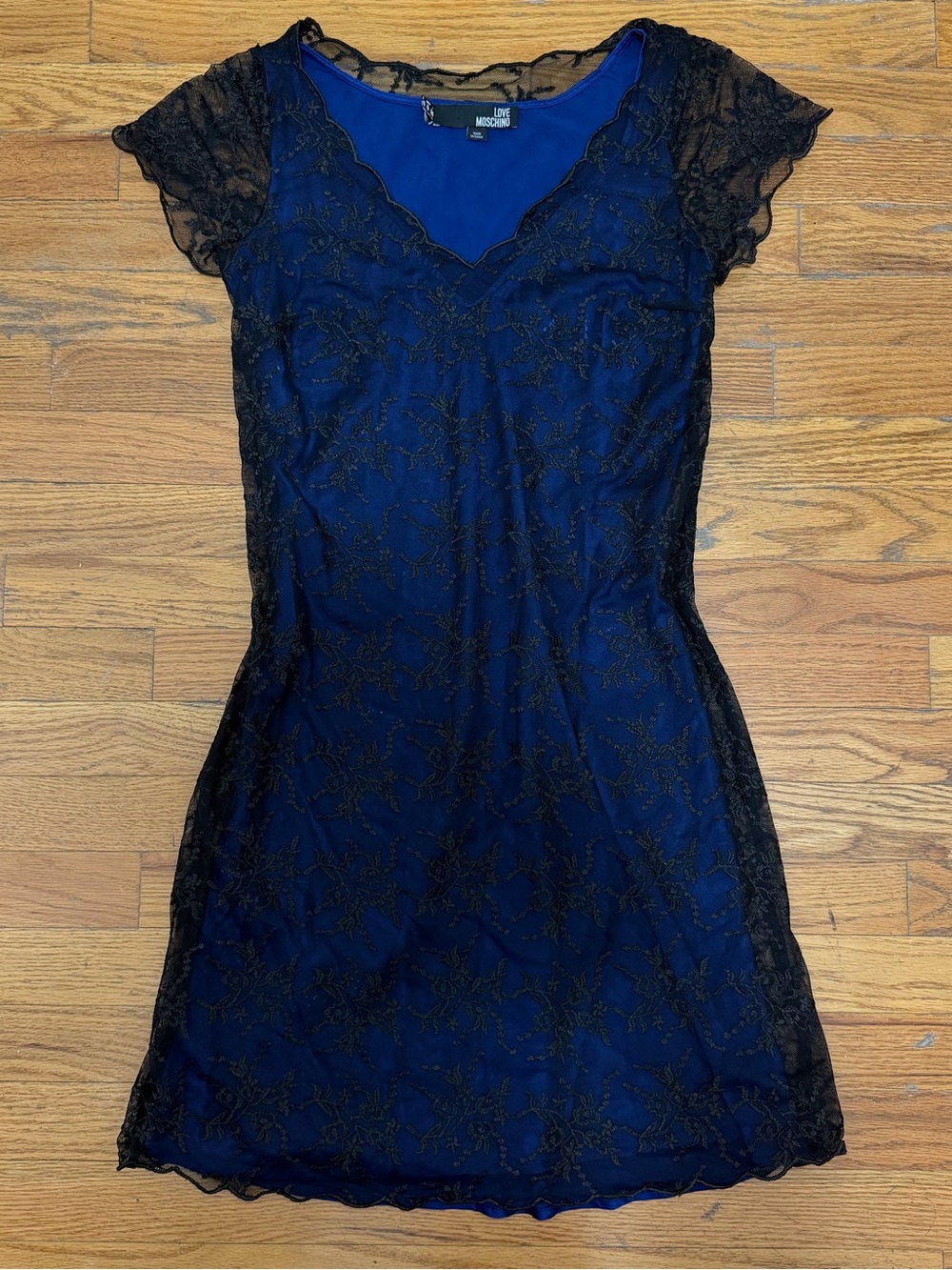 Love Moschino Black Lace Dress with Blue Silk Slip - Size 4